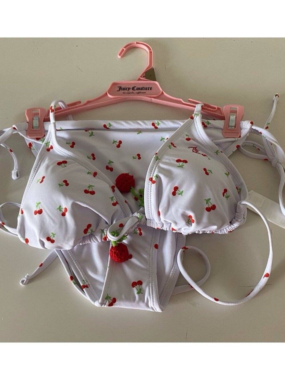 Juicy Couture Cherry Triangle‎ Bikini W/ Crochet Cherries Size L NEW NO TAGS